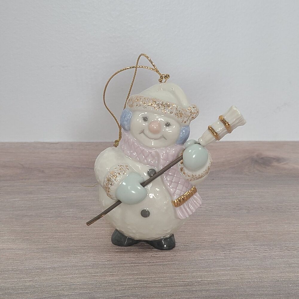 Vintage Lenox Jolly Snowman with Broom Ceramic Christmas Ornament
